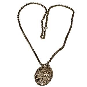 1970s Victorian Style Vintage Brass Oval Filigree Locket Necklace Gold Tone